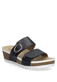 Sorte læder slidesandaler med et dobbelt remdesign, detaljeret med en sølv cirkulær spænde, kork kile sål og hvid gummisål.