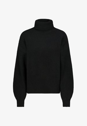 Schwarzer Rollkragenpullover aus einem strukturierten, weichen Stoff. Mit überschnittenen Schultern, gerippten Bündchen und einem gerippten Saum. Kurzes, cropped Design.