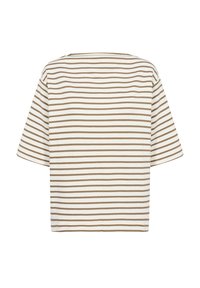 Kurze Ärmel, lässiges T-Shirt in Off-White mit braunen horizontalen Streifen. Weicher Stoff mit Rundhalsausschnitt und lockerer Passform.