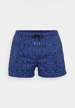 Blue and black swim shorts with all-over bold geometric "DSQUARED" text pattern and a black drawstring at the waist.