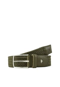 Ceinture tressée vert olive avec une boucle en métal argenté, dotée d'une extrémité en cuir avec un logo embossé.