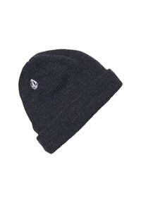 Dunkelgraue gestrickte Mütze mit einem strukturierten Muster und einem weißen Logo-Akzent an der Seite, mit umgeschlagenem Saum.