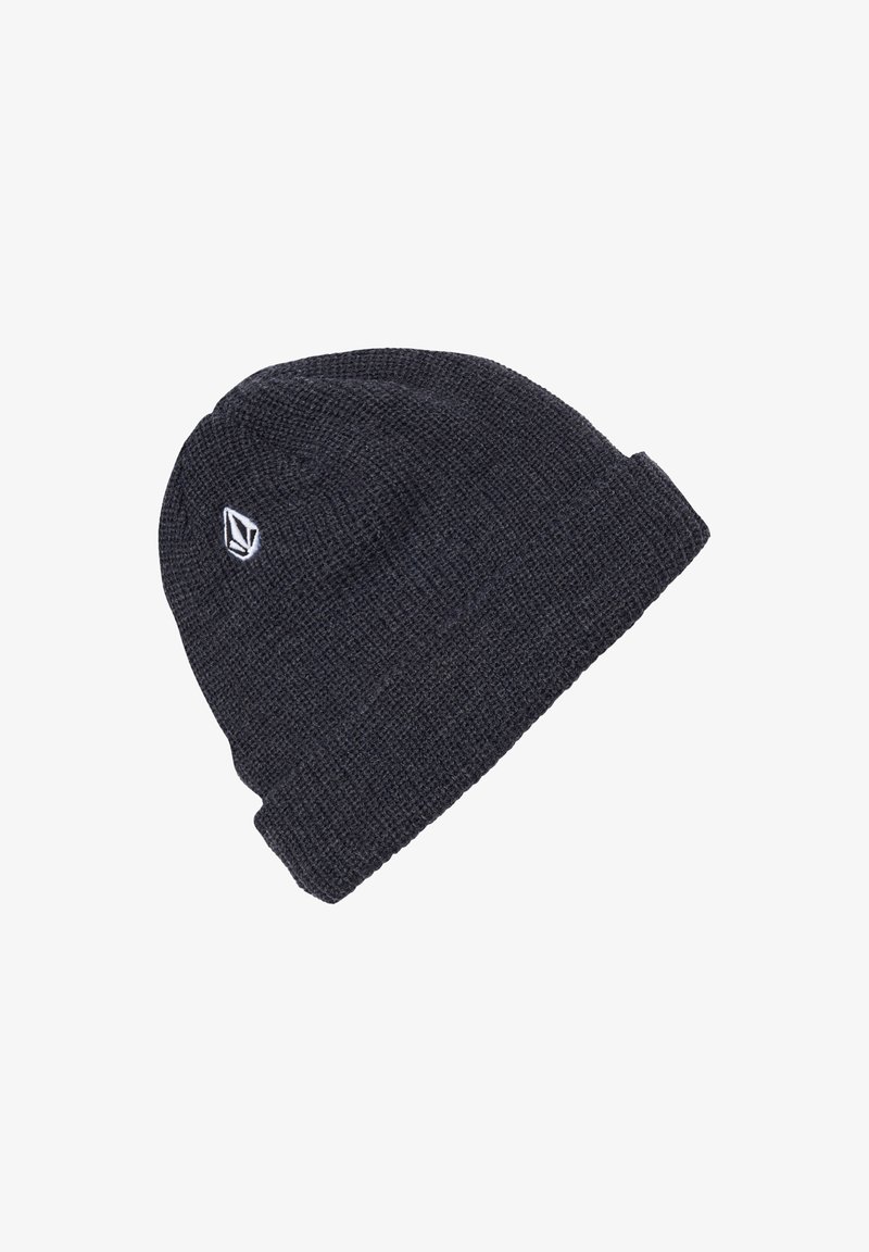 Knitted dark gray beanie with a textured pattern and a white logo accent on the side, featuring a fold-over cuff design.