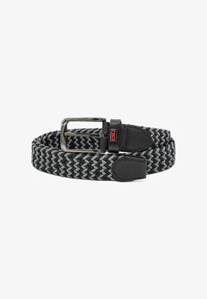Black and gray woven fabric belt with black leather ends and a silver metal buckle, showing a red "CBU" label on the leather loop.