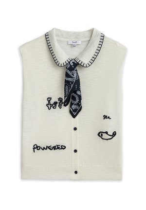 Roomwit mouwloos topje met knopen, met een zwart gestreepte kraag, een zwarte paisley stropdas en zwarte geborduurde woorden en ontwerpen aan de voorkant.