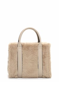 Beige faux fur handbag with leather handles and trim, rectangular shape, soft texture, and visible stitching along the edges.