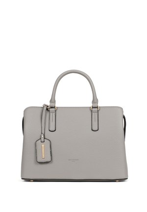 Grijze leren handtas met twee handvatten, een hangend label, subtiele gouden accenten en het "Hexagona Paris" logo aan de voorkant.