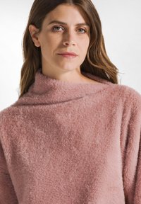Maglione rosa, morbido e peloso, con collo alto, realizzato in un tessuto soffice e lavorato, dal taglio rilassato, con un focus su calore e comfort.