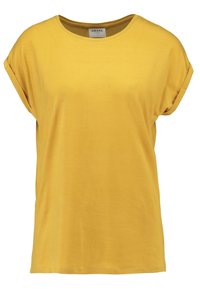 Gul kortärmad t-shirt i mjuk bomullstyg. Rund halsringning med en löst sittande och avslappnad passform och rullade ärmar. Enkelt mönster utan dekorationer.