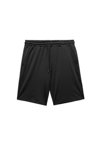 Schwarze Sportshorts aus glattem Material mit elastischem Bund, Kordelzug und zwei seitlichen Taschen. Schlichtes Design, keine Muster.