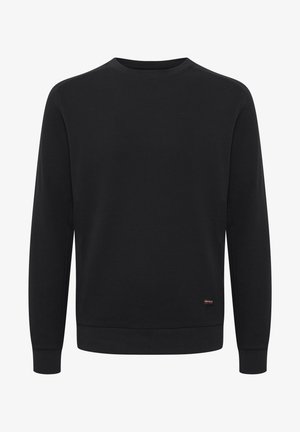 Hanorac negru cu mânecă lungă, cu textură în relief, guler rotund și manșete ajustate. Prezintă o etichetă mică cu logo aproape de tiv.