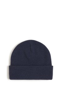 Gorro de punto azul marino con vuelta. Presenta un patrón de canalé texturizado y una parte superior redondeada. Fabricado con un tejido suave y elástico.