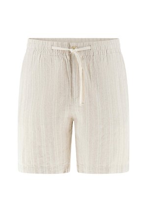 Linen shorts in light beige with vertical stripes. Features an elastic waistband and drawstring for adjustability. Casual and comfortable design.