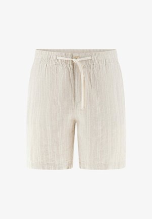 Pantaloni corti in lino color beige chiaro con righe verticali. Presentano una vita elastica e un cordoncino per la regolazione. Design casual e confortevole.