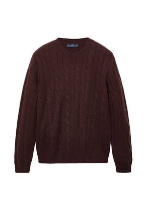 Maglione a trecce bordeaux con scollatura rotonda, maniche lunghe e bordi a coste su polsini e orlo. Realizzato in un materiale a maglia testurizzato.