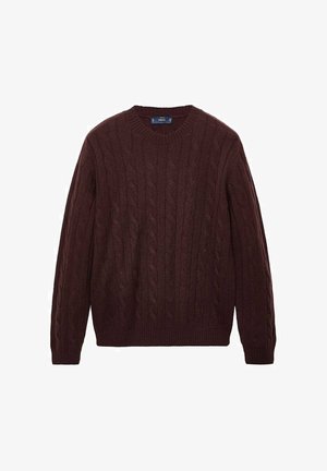 Maglione a trecce bordeaux con scollatura rotonda, maniche lunghe e bordi a coste su polsini e orlo. Realizzato in un materiale a maglia testurizzato.