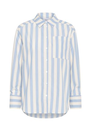 Mėlynos ir baltos dryžuotos mygtukinės marškiniai su klasikiniu apykakle, ilgomis rankovėmis, krūtinės kišene ir apvaliu apvadu. Pagaminti iš lengvos medžiagos.