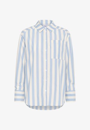 Mėlynos ir baltos dryžuotos mygtukinės marškiniai su klasikiniu apykakle, ilgomis rankovėmis, krūtinės kišene ir apvaliu apvadu. Pagaminti iš lengvos medžiagos.