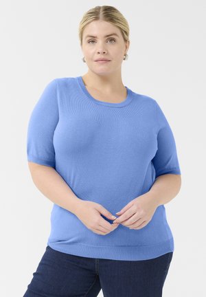 Light blue short-sleeve knit top with a round neckline and ribbed hem, featuring a soft texture and a relaxed fit.