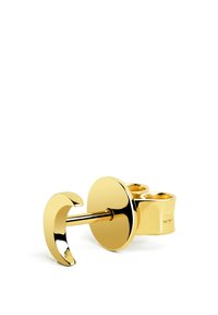 Goldener Ohrcuff mit einem kreisförmigen Disc und Akzenten in Form eines Halbmonds, zylindrische Form mit glänzender Oberfläche und glatter Textur.
