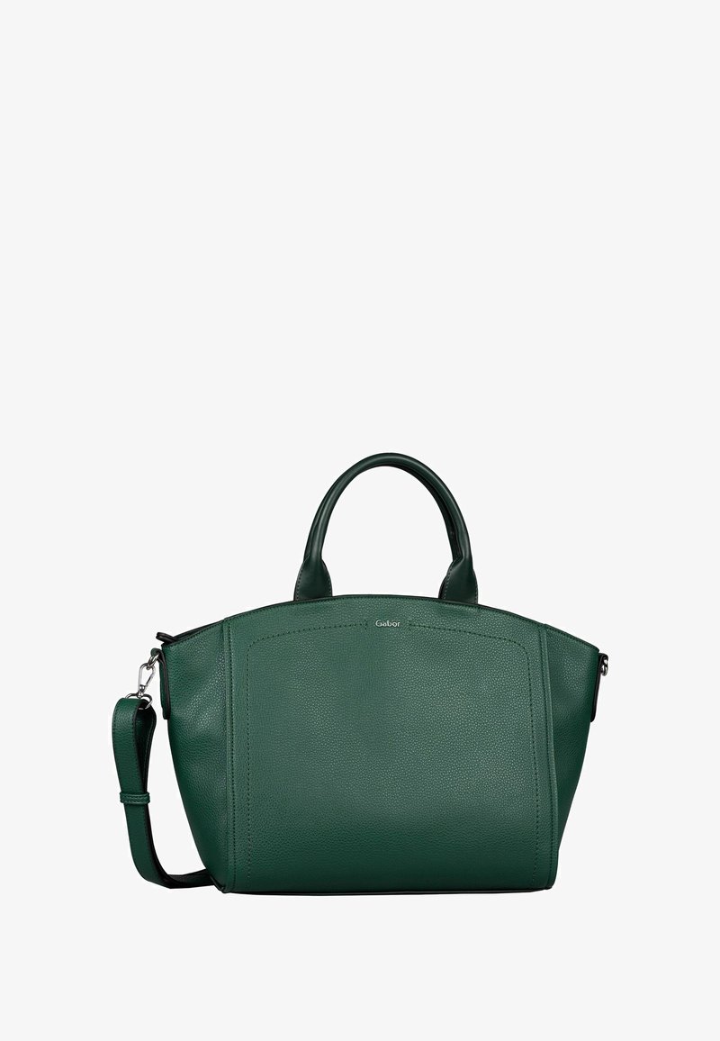 Sac à main en cuir texturé vert foncé avec deux poignées et une bandoulière réglable, orné d'un petit logo "Gabor" en argent.
