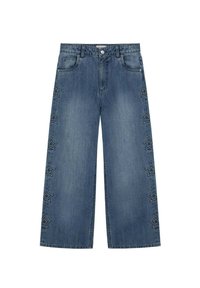Jeans de pierna ancha en denim azul oscuro, con bordado en forma de estrella a lo largo de las costuras laterales y un diseño clásico de cinco bolsillos.