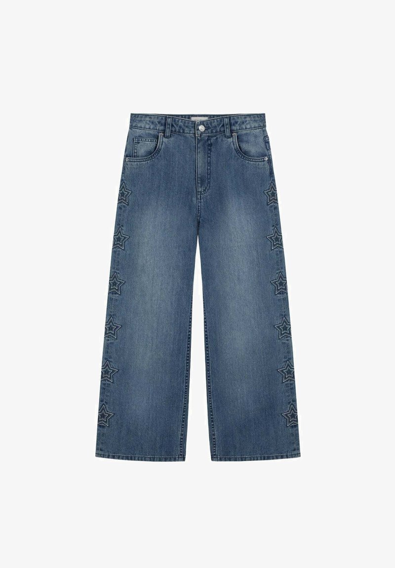 Jeans de pierna ancha en denim azul oscuro, con bordado en forma de estrella a lo largo de las costuras laterales y un diseño clásico de cinco bolsillos.