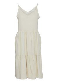 Cremfarbenes Kleid mit V-Ausschnitt, Spaghetti-Trägern und mehrschichtigem Rüschensaum. Hergestellt aus leichtem, strukturiertem Stoff.