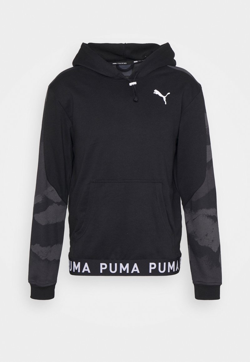 Sweat à capuche Puma noir avec poche kangourou, manches à motifs, logo Puma blanc sur la poitrine, et bande d'ourlet avec la marque.
