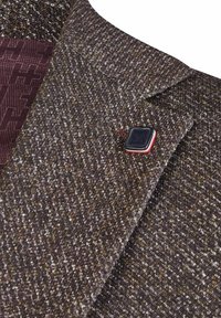 Textured brown blazer with a fine multicolored pattern, featuring a black and red logo detail. Smooth interior lining in deep maroon.