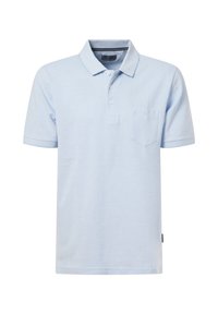 Hellblaues Polo-Shirt aus Baumwolle, mit einem Kragen, einer Drei-Knopf-Leiste und einer Brusttasche auf der linken Seite. Kurze Ärmel mit geradem Saum.