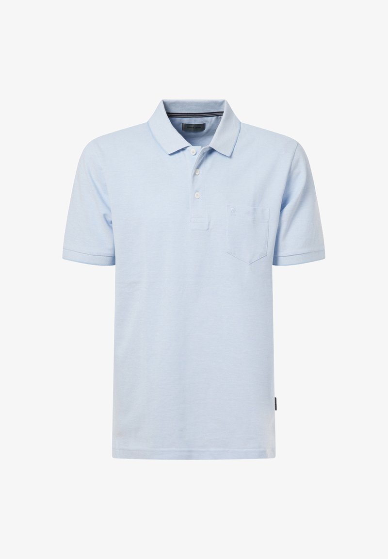 Hellblaues Polo-Shirt aus Baumwolle, mit einem Kragen, einer Drei-Knopf-Leiste und einer Brusttasche auf der linken Seite. Kurze Ärmel mit geradem Saum.