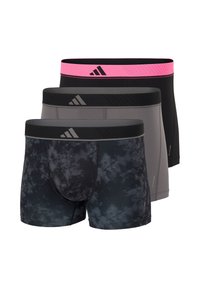Drei Paare von sportlichen Boxershorts in Schwarz, Grau und einem dunklen Batikmuster, ausgestattet mit elastischen Taillengummis und Adidas-Logos.