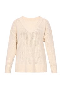 Pulover crem cu decolteu în V, cu textură tricotată lejeră, manșete și tiv cordonat, și umeri căzuți, creat pentru o potrivire lejeră.