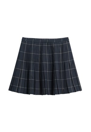 Marineblauwe geplooide rok met een ruitpatroon in beige. Gemaakt van stof, met een tailleband en ritssluiting, voor een gestructureerde pasvorm.