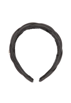 Black leather headband with braided design, smooth texture, and an inner lining. Features a subtle metal accent on the side.