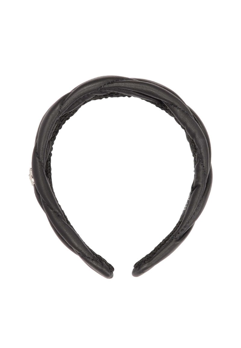 Schwarzes Lederhaarband mit einem geflochtenen Design, glatter Textur und einem Innenfutter. Verfügt über einen dezenten metallischen Akzent an der Seite.