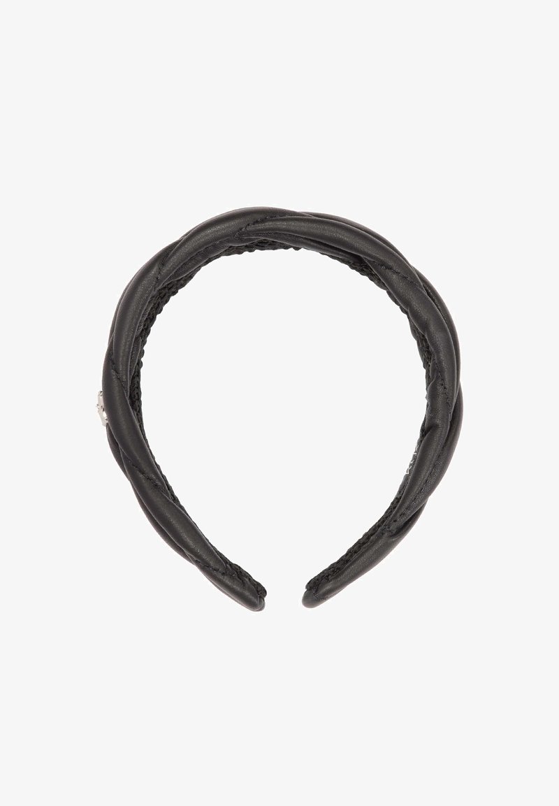 Fekete bőr fejpánt fonott dizájnnal, sima felülettel és belső béléssel. Oldalán egy diszkrét fém kiegészítőt tartalmaz.