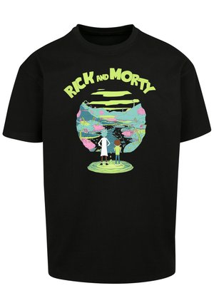Musta puuvillapaita, jossa on värikäs graafinen kuva kahdesta hahmosta, jotka katsovat kohti elävää animaatiota portaalissa, ja "RICK AND MORTY" -teksti ylhäällä.