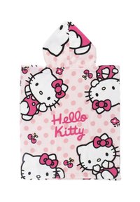 Toalla con capucha de Hello Kitty en suave tejido rosa, con lunares y un diseño repetido de gatos con lazos. El texto en el centro dice "Hello Kitty."