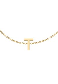 Zelta ķēdes kaklarota ar minimālistisku 'T' piekariņu. Ķēdei ir ovālas saites, un piekariņš ir pulēts.
