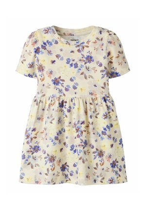 Vestito crema per bambino piccolo a maniche corte con vita arricciata, caratterizzato da un motivo floreale in tonalità di blu, giallo e marrone.
