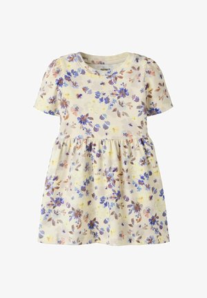 Φόρεμα βρεφικό με κοντά μανίκια σε κρεμ απόχρωση, με ελαστική μέση και μοτίβο λουλουδιών σε αποχρώσεις του μπλε, κίτρινου και καφέ.