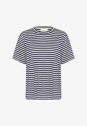 Röstripeeritud t-särk tumesinises ja valges, lühikeste varrukatega, ümarate kaelustega ja lõdva lõikega. Pehme puuvillane kangas mugava tekstuuriga.