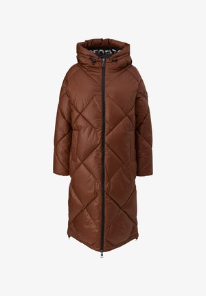 Cappotto imbottito marrone con cappuccio, caratterizzato da una lavorazione a rombi, una cerniera frontale e maniche corte. Finitura in tessuto liscia e lucida.