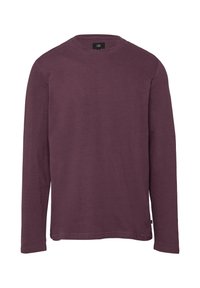 Langarmshirt in dunklem Burgunderrot, aus weichem, strukturiertem Stoff gefertigt. Mit rundem Ausschnitt und geradem Saum. Minimalistisches Design.