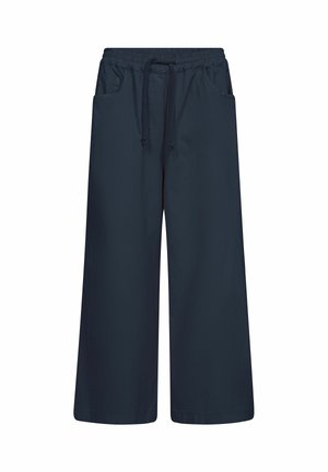 Dunkelblaue, weit geschnittene Hose mit elastischem Bund und Kordelzug, Seitentaschen und lockerer Passform.