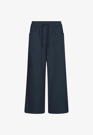 Dunkelblaue, weit geschnittene Hose mit elastischem Bund und Kordelzug, Seitentaschen und lockerer Passform.