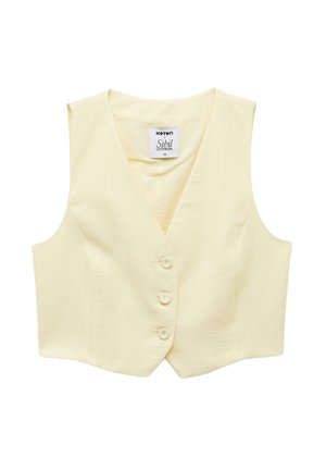 Chaleco amarillo sin mangas con escote en forma de V, hecho de una tela ligera, con tres botones en la parte delantera y textura suave.