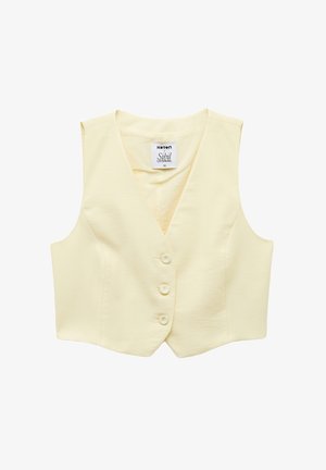 Gilet jaune sans manches avec un col en V, fabriqué en tissu léger, comportant trois boutons à l'avant et une texture lisse.